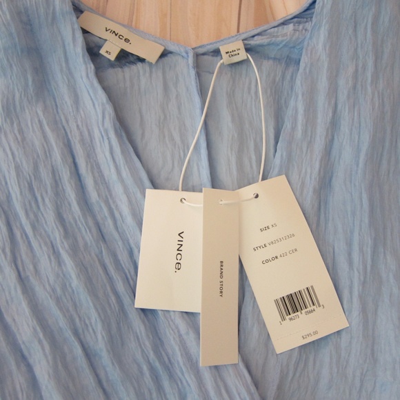 NEW! Vince Crinkled Satin Long Sleeve Double V-Neck Blouse Blue XS - Picture 2 of 16